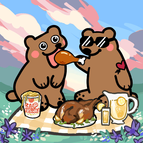 Bruin Bears drawn having a picnic, dinner
