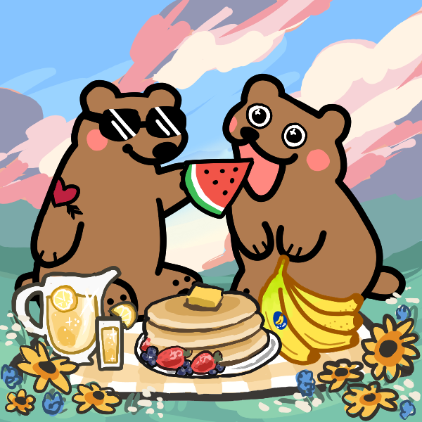 Bruin Bears drawn having a picnic, breakfast